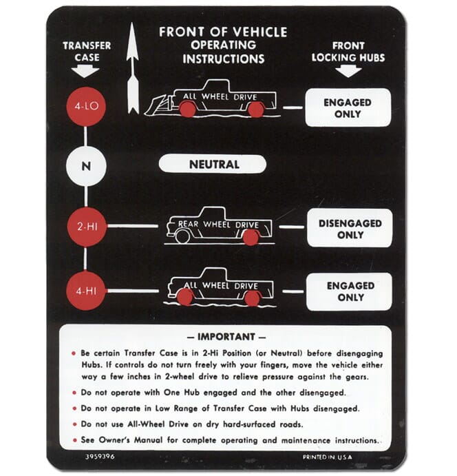chevy  Profile必読！ 1969-72) Blazer 4WD Operating Instruction Decal
